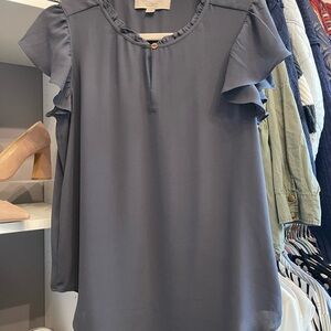 LOFT Gray Flutter Sleeve Ruffled Blouse
